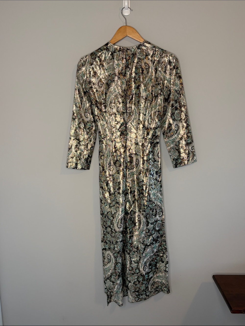 Sandro Paris Long-Sleeve Metallic Paisley Twist-Front Midi Dress - Silver Green - Picture 11 of 14